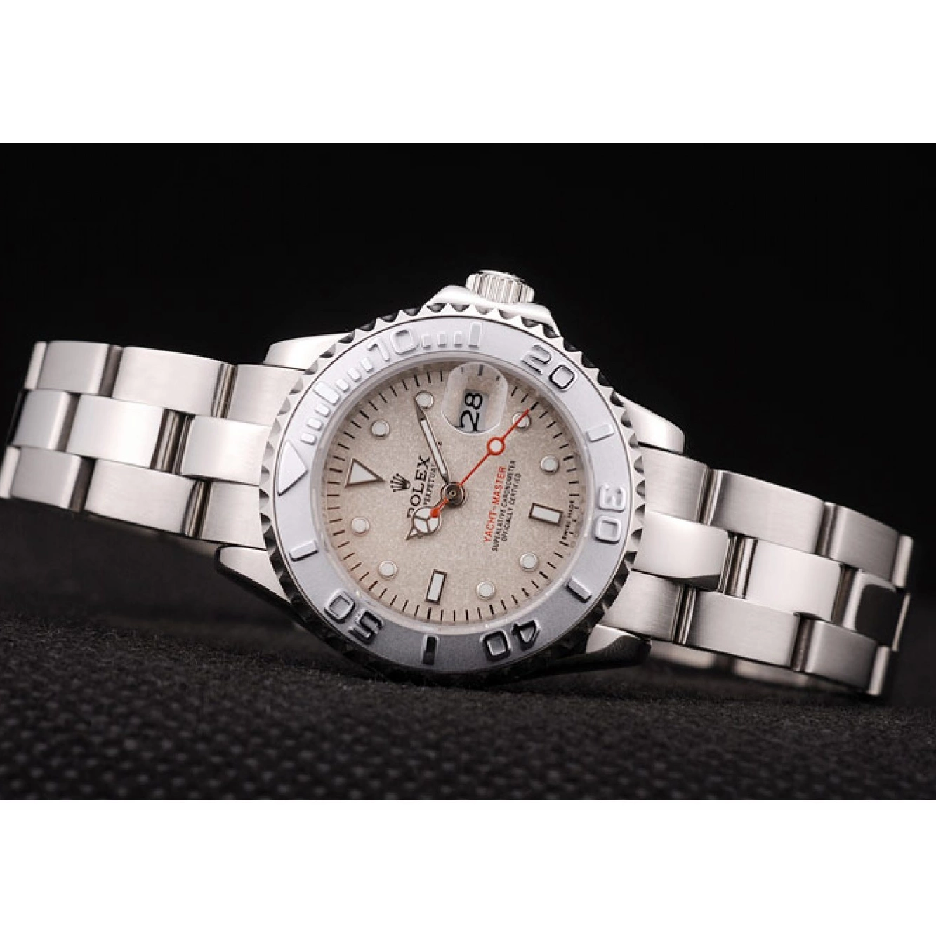 Aaa replica watch Master Rolex Beige Bezel Silver Dial Yacht 0608